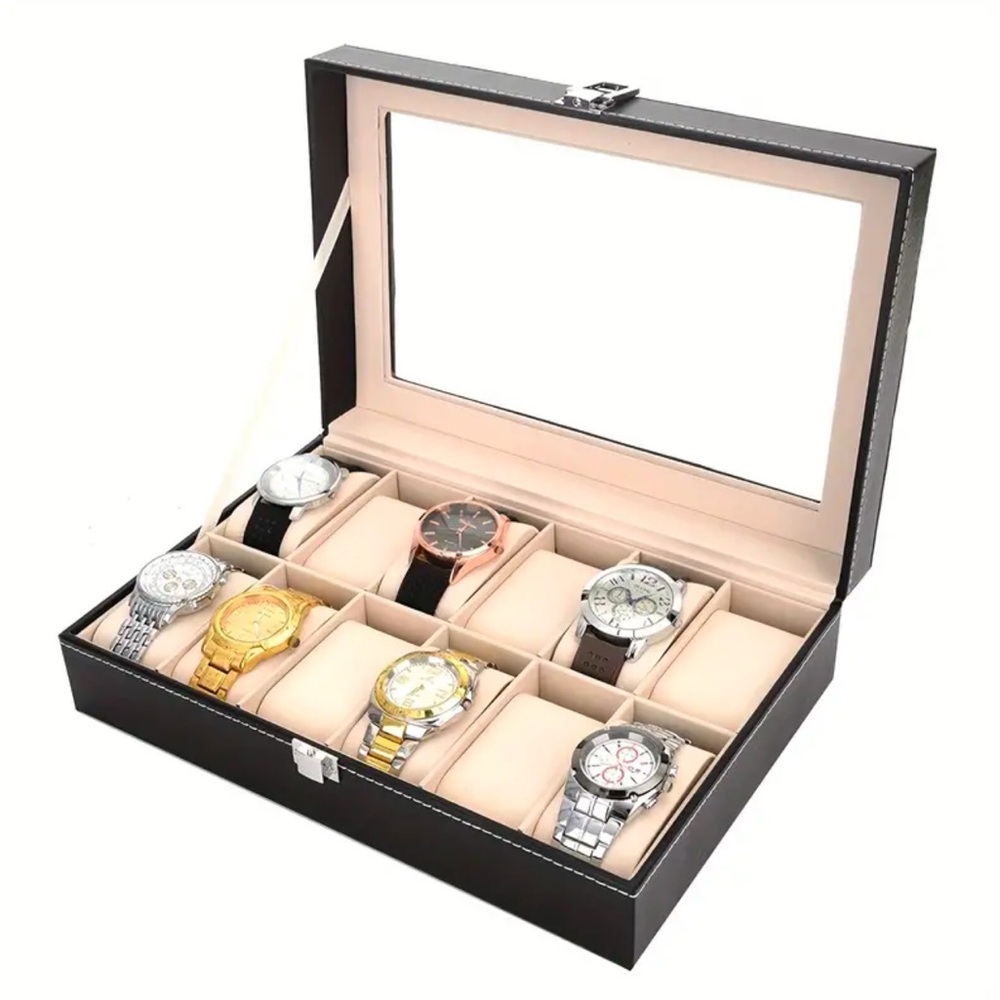 NEW 12Compartment Watch Storage Box-Glass Lid &Metal Clasp - Picture 1 of 8